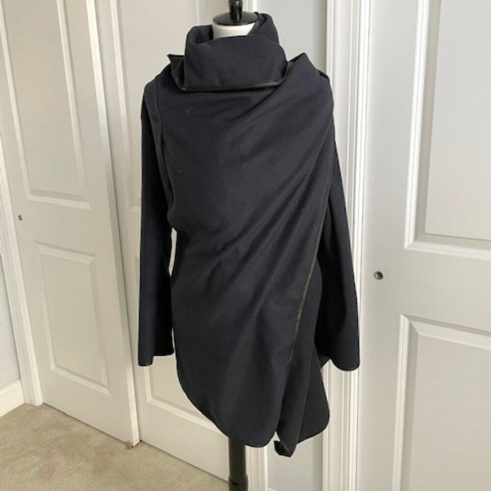 Navy Blue and Black Faux Leather Wrap Jacket Coat Size Large